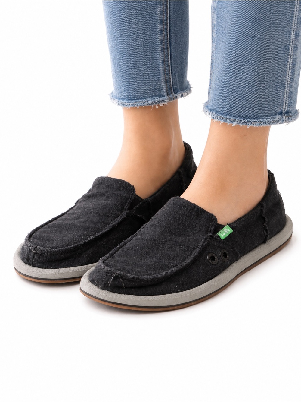 Size 7 Sanuk Women’s Vagabond Loafers Slip On Shoes Black Comfort Casual
